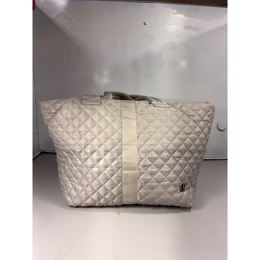 Oliver Thomas Quilted Tote Bag Champagne Beige Dog Print Lining Secret Stash